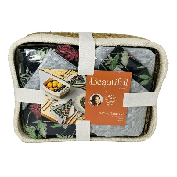 Drew Barrymore Table Runner 6 Napkins Basket Beautiful Gray + Floral 8-Piece Set - Picture 1 of 16